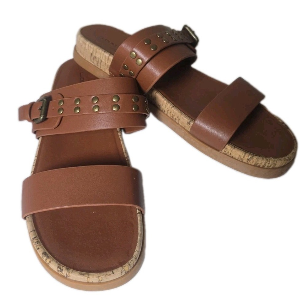 Lucky Brand Women's Dineesa Leather Brown Slide Sandals 9.5 Studded Cork Sole